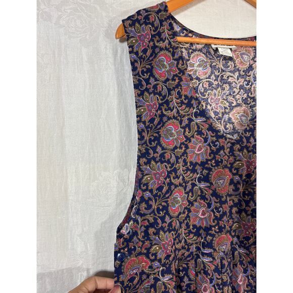 Via Sant Andrea Dress 18 Navy Blue Floral Made in USA Apron Button Sides Jumper - Picture 5 of 11